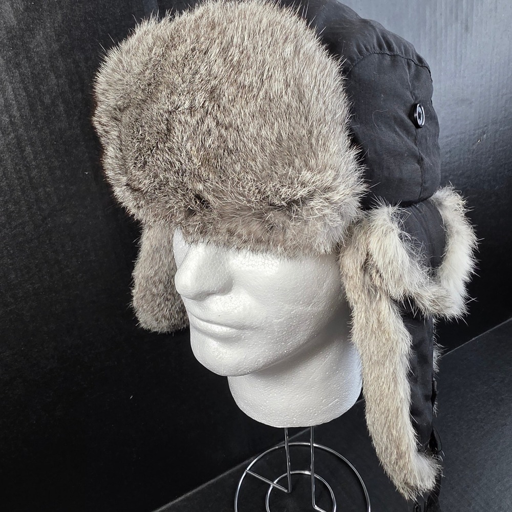 Yukon Tracks Black Trapper Hat Genuine Rabbit Fur Trim Ear Flaps Mens Size M